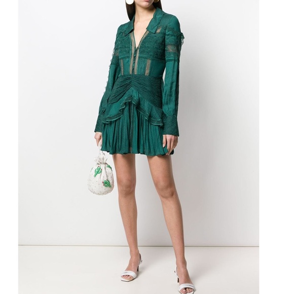 GREEN JACQUARD LACE TRIMMED MINI DRESS size US0 - Picture 5 of 8